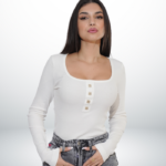 Square Neck Fitted Top with Buttons – White