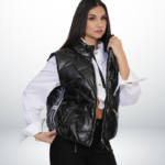 Leather Effect Gilet with Slogan – Black